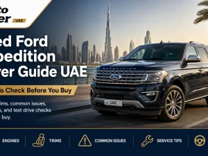 Used Ford Expedition SUV parked in the UAE desert at sunset