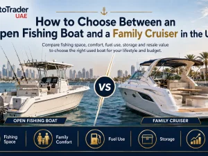 Open fishing boat and family cruiser side by side in a UAE marina at sunset