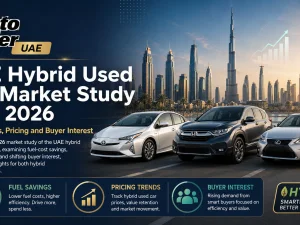 Hybrid used cars in UAE showroom, showing popular Toyota and Lexus hybrid models