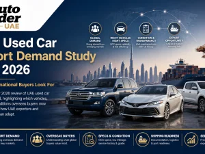 Used SUVs and pickups parked at a UAE export yard ready for international shipment