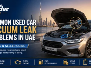 Mechanic inspecting engine bay for vacuum leak issues on a used car in UAE