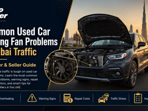 Used car engine bay in Dubai with cooling fan near radiator inspected in hot traffic conditions