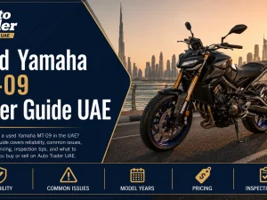Used Yamaha MT-09 parked on a Dubai street at sunset