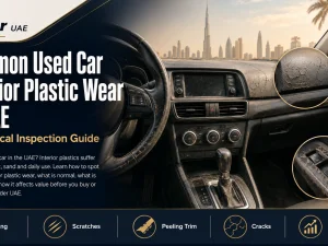 Used car interior in UAE showing typical plastic wear on dashboard and door panel