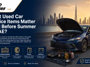 Used car being inspected at a service center before summer in the UAE
