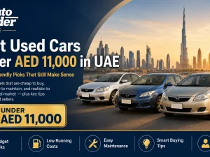 Line-up of budget-friendly used cars parked in the UAE under bright sunlight