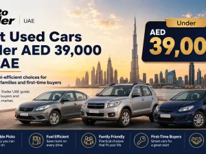 Row of affordable used cars parked in a UAE dealership lot