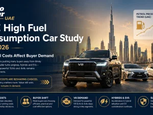 Aerial view of busy UAE highway with mix of large SUVs and compact cars illustrating fuel consumption mix