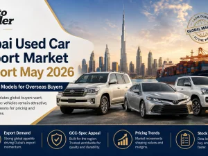 Used SUV export stock lined up in a Dubai yard for overseas buyers in May 2026
