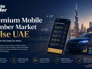 Used car showroom in UAE highlighting premium mobile contact numbers on vehicle windshields