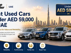 Row of popular used cars parked at a UAE dealership, all priced under AED 59,000