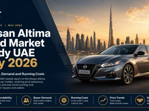 Used Nissan Altima sedans parked in UAE, illustrating May 2026 market conditions