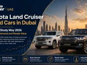 Toyota Land Cruiser used cars parked in Dubai with city skyline in the background