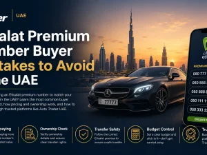 Luxury car parked in Dubai with a premium Etisalat mobile number shown on a smartphone