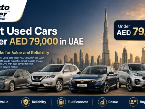 Line-up of popular used cars under AED 79,000 parked in a UAE urban setting