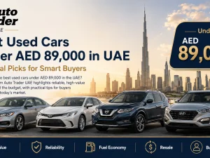 Row of used cars parked at a UAE dealership, all priced under AED 89,000