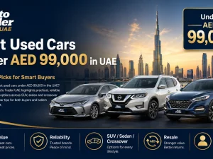 Line-up of popular used cars under AED 99,000 in the UAE parked in a row