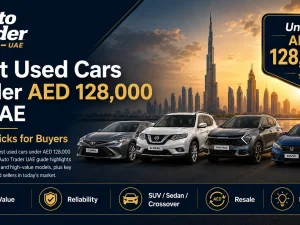 Best used cars under AED 128,000 in UAE – mixed selection of sedans and SUVs in a Dubai parking area