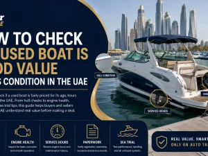 Used boat moored at a UAE marina with clear hull and engine visible