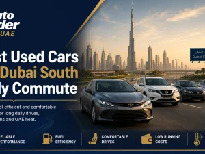 Best used commuter cars parked on a Dubai highway near Dubai South