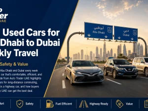 Used sedan driving on UAE highway between Abu Dhabi and Dubai