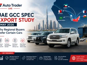 Row of GCC-spec SUVs and pickups lined up for export in a UAE used car yard