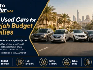 Family looking at a budget-friendly used car in Sharjah