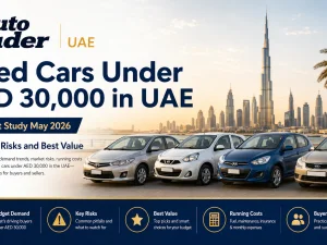 Budget used cars under AED 30,000 parked in a UAE urban setting