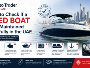 Used boat moored at a UAE marina being inspected for signs of careful maintenance