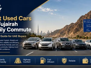 Family-friendly used SUV driving on a highway near Fujairah in the UAE
