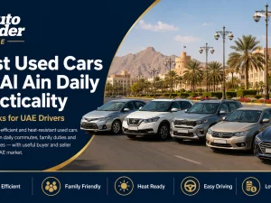Used practical compact car parked on a sunny street in Al Ain, UAE