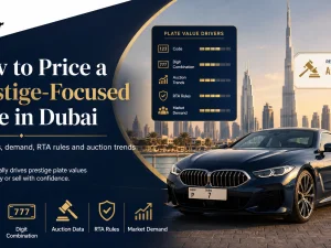 Prestige Dubai number plate mounted on a luxury car