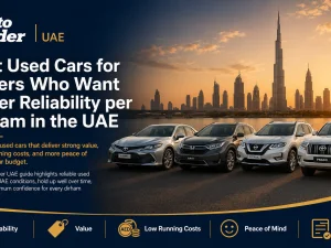 Line-up of reliable used cars parked in a UAE city street at sunset
