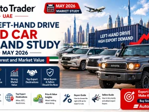 Used left-hand drive SUVs lined up at a UAE export-focused dealership in May 2026