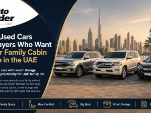 Family sitting inside a spacious used SUV cabin in the UAE