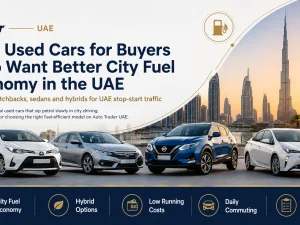 Compact fuel-efficient used car driving in UAE city traffic