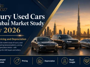 Luxury used cars parked in Dubai at sunset