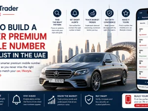 Premium mobile number and luxury car key fob on a leather surface in the UAE