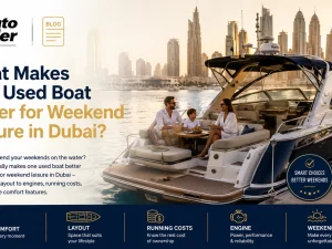 Used leisure boat cruising off Dubai Marina at sunset