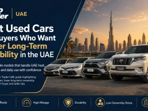 Lineup of durable used cars parked in the UAE desert