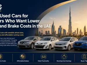 Used compact sedan parked in UAE with affordable tyre and brake setup