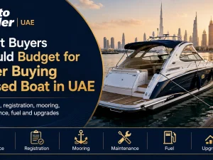Used boat moored at a UAE marina with Dubai skyline in the background