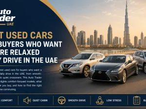 Used mid-size sedan driving calmly on a UAE city road at sunset