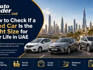 Used family car parked in a UAE residential basement parking showing size fit