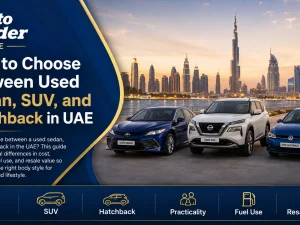 Used sedan, SUV, and hatchback parked side by side in the UAE