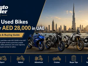 Used sport and naked bikes parked in the UAE, all under AED 28,000 budget