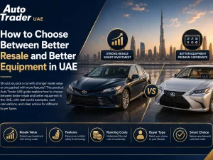 Buyer comparing car resale value versus equipment levels in the UAE market