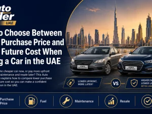 Buyer comparing lower purchase price versus lower future cost for a used car in the UAE