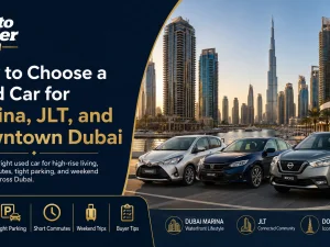 Used cars parked in an underground parking of a high-rise building in Dubai Marina