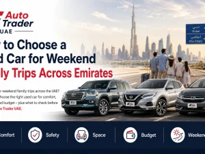 Used family SUV parked near a desert road in the UAE ready for a weekend trip